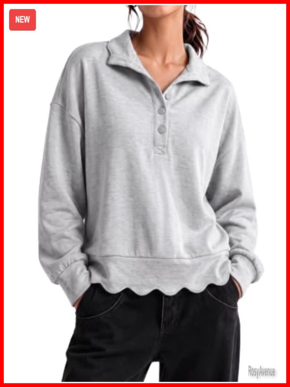 Scalloped Henley Sweatshirt Drop Shoulder Pullover Casual Fall Top